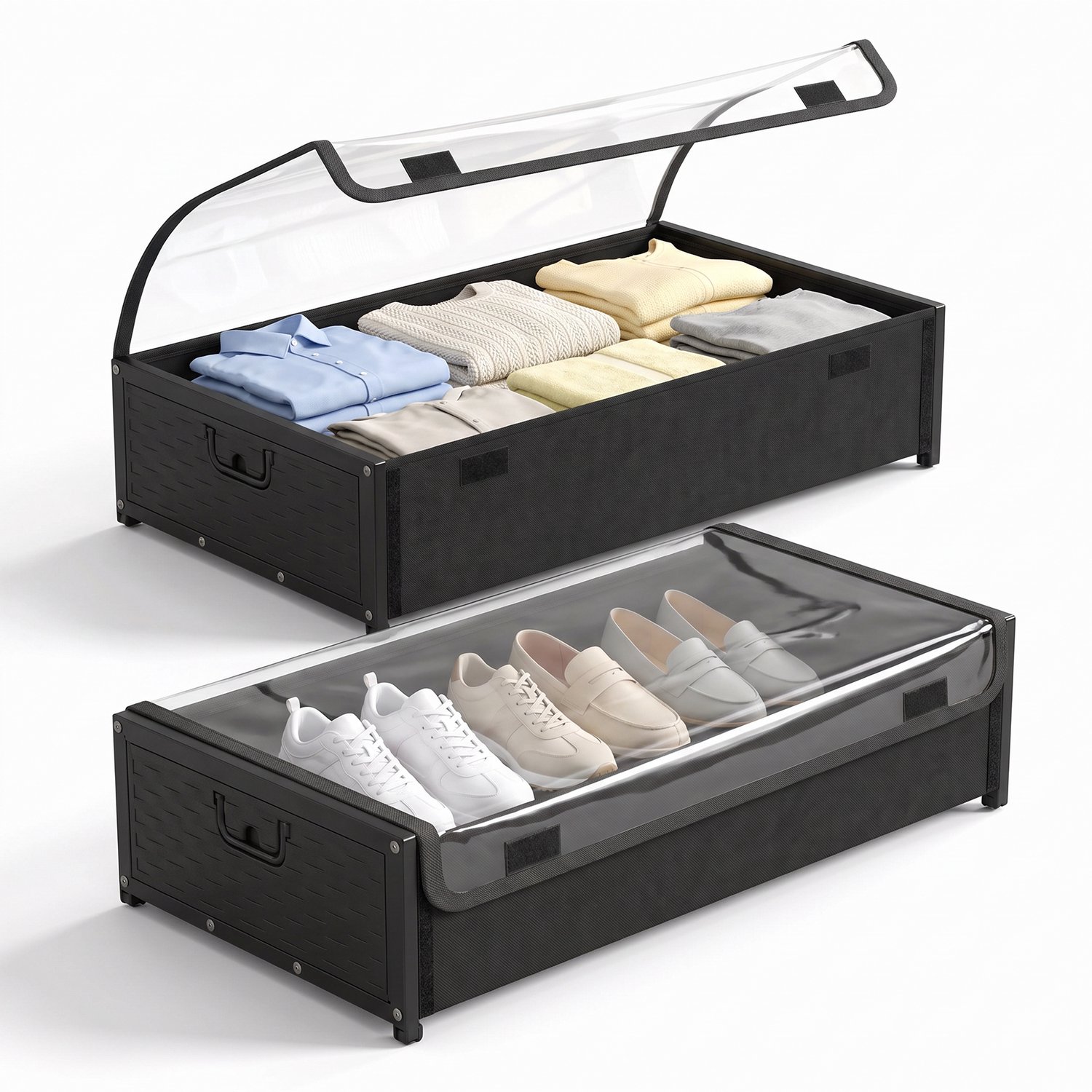 Opbergcontainers onder bed - opbergdozen met deksel - - Kleding Organizer - Ruimte Besparen - Set van 2 - 58,5 x 42 x 16 cm - Oxford-stof - Kunststof frame - Transparant deksel - Handgreep - Wieltjes - Zwart-opbergcontainers voor kleding, schoenen