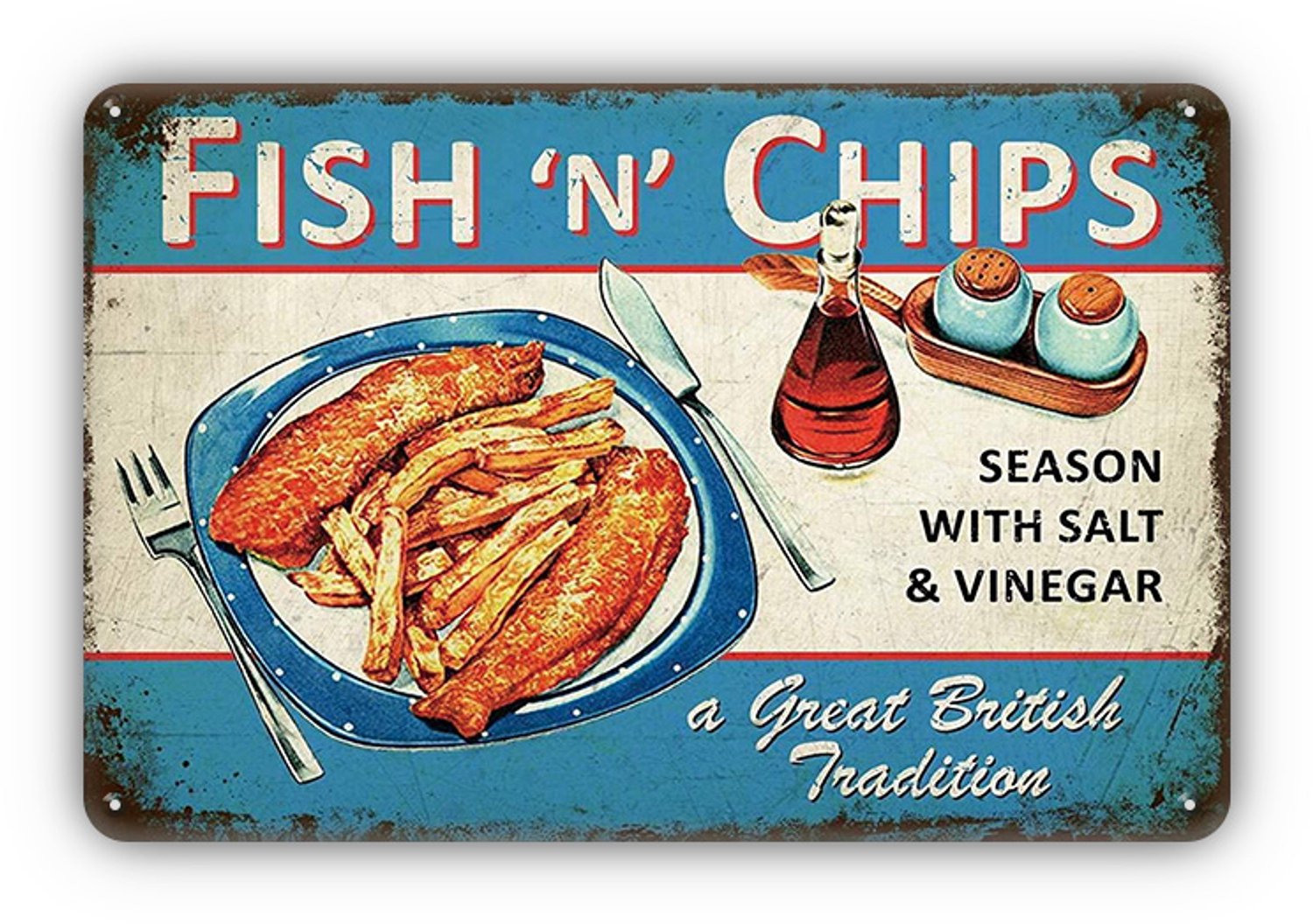 Fish 'n' Chips Metalen Wandbord 20x30cm – Vis Restaurant Tekstbord – Keuken Café Horeca Decoratie – Vintage Retro Wanddecoratie