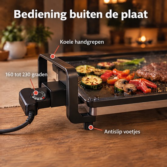Cheqo® Elektrische Bakplaat 90 cm XXL - Teppanyaki Grill - Grillplaat - Tafelgrill - Gourmetplaat - Plancha - Japanse Grill - Pannenkoekenplaat - Regelbare Thermostaat - PFAS-Vrije Anti-Aanbaklaag - Opvangbakje - Cool Touch Handgrepen — afbeelding 3