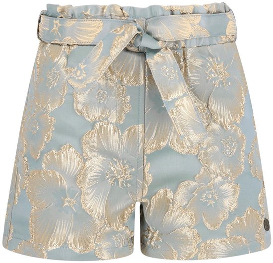 Lichtblauwe Like Flo jacquard short met goudkleurig bloemenpatroon, elastische tailleband en strikceintuur.