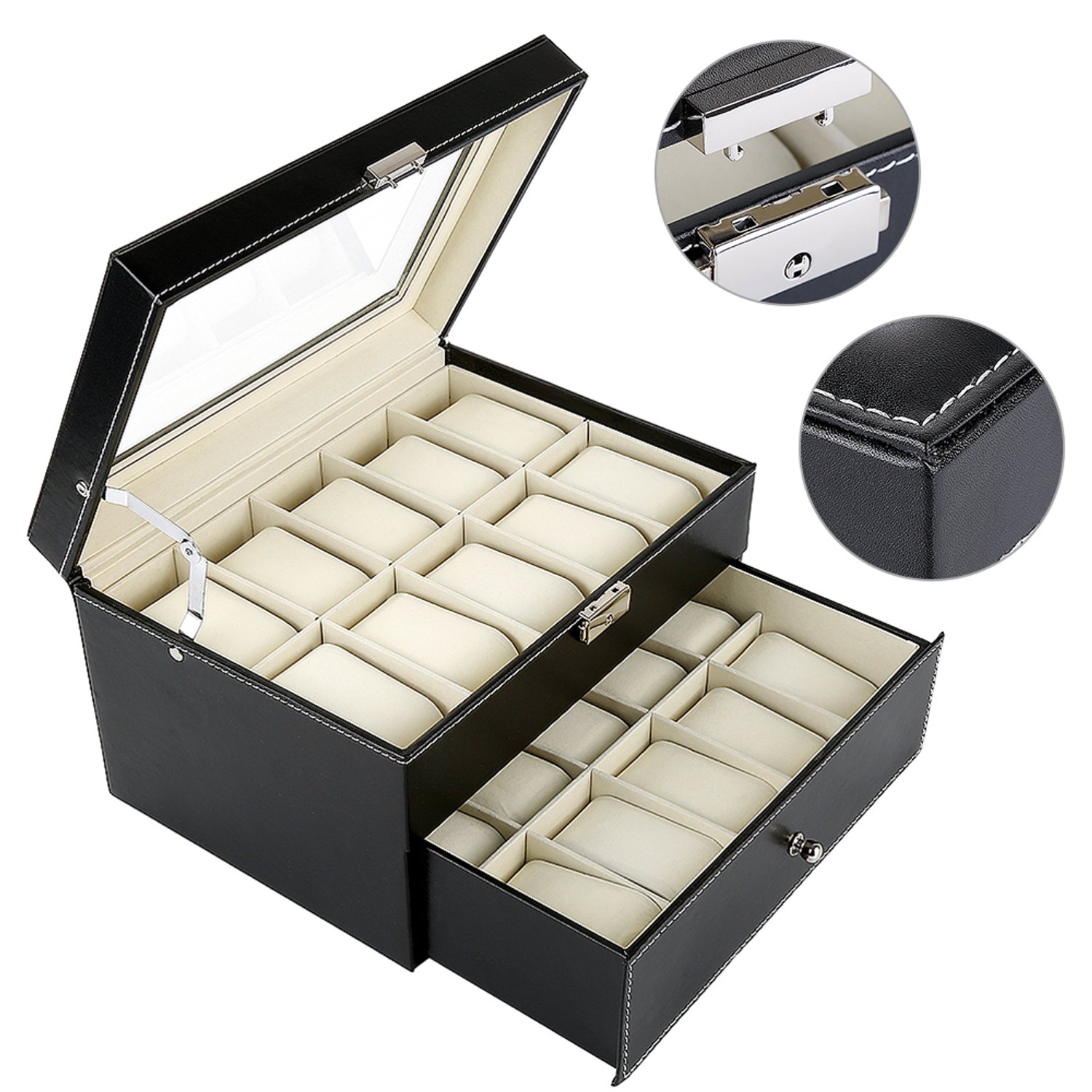 PIPIPOXER Horlogebox - Sieraden box - voor 20 horloges - 2 Lagen - - 1 Lade - Fluweel - Kunstleer - Zwart