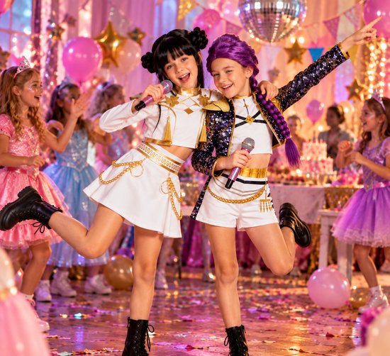 Twee meisjes in K-pop geïnspireerde kostuums van wit en goud met zwarte laarzen tijdens een feestje.
