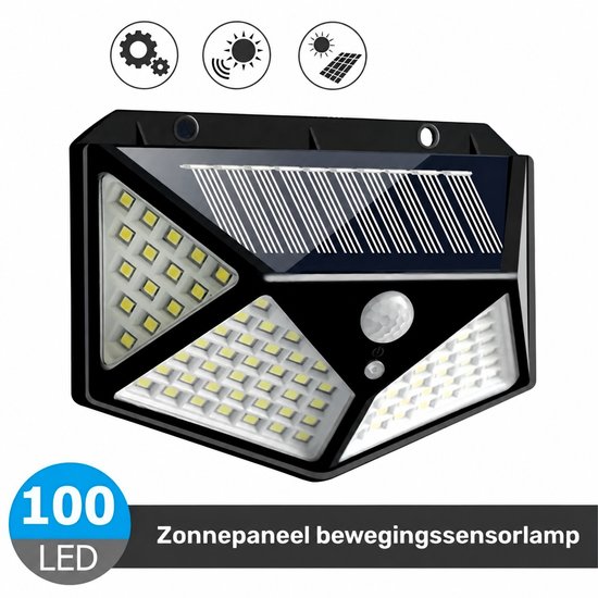 Zwarte 100 LED wandlamp op zonne-energie met bewegingssensor.
