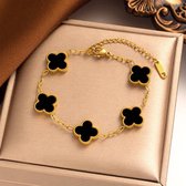 Clovier® Klaver Armband Dames Goud/Zwart - Clover Bracelet Gold Plated - Goudkleurig Klavertje Vier Armbandje Vrouw - Luxe Sieraden - Gouden Schakelarmband