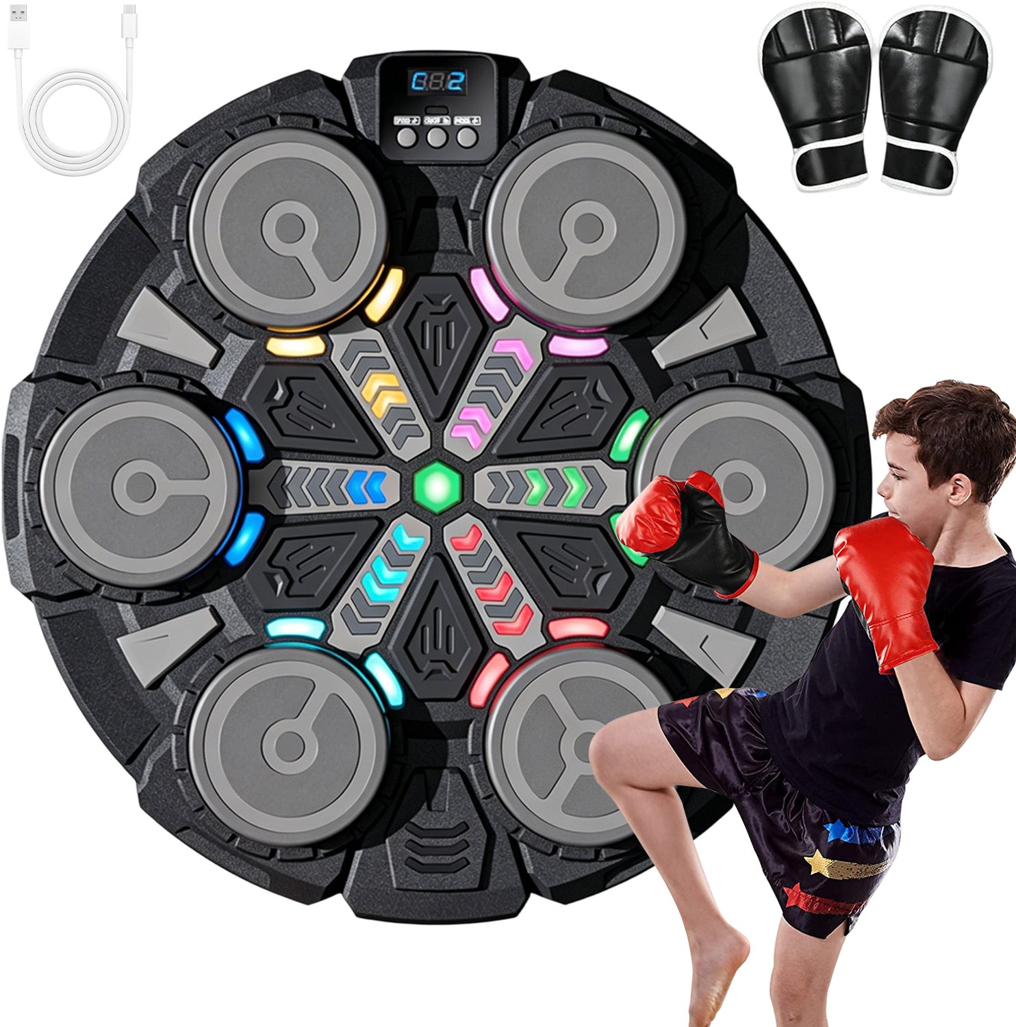 Boxing Machine - Muziek Bokstrainer - Interactieve Bokstrainer - 6 LED Slagvlakken - Bluetooth Muziek - 3 Spelmodi - Duelmodus voor 2 Spelers - Instelbare Snelheid - Oplaadbaar - Wandmontage