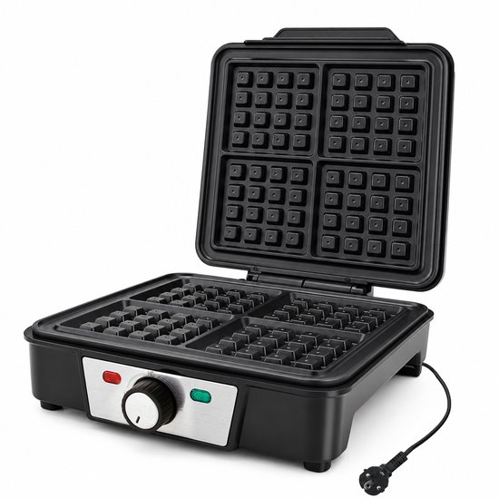 Belgisch Wafelijzer 1200 W - 4 Wafels Tegelijk - Wafelmaker met Instelbare Temperatuur en Antiaanbaklaag - Overlooprand - Indicatielampjes - Compact Rechtop Opbergen - Voor Brunch en Desserts - Zwart/Zilver — afbeelding 2