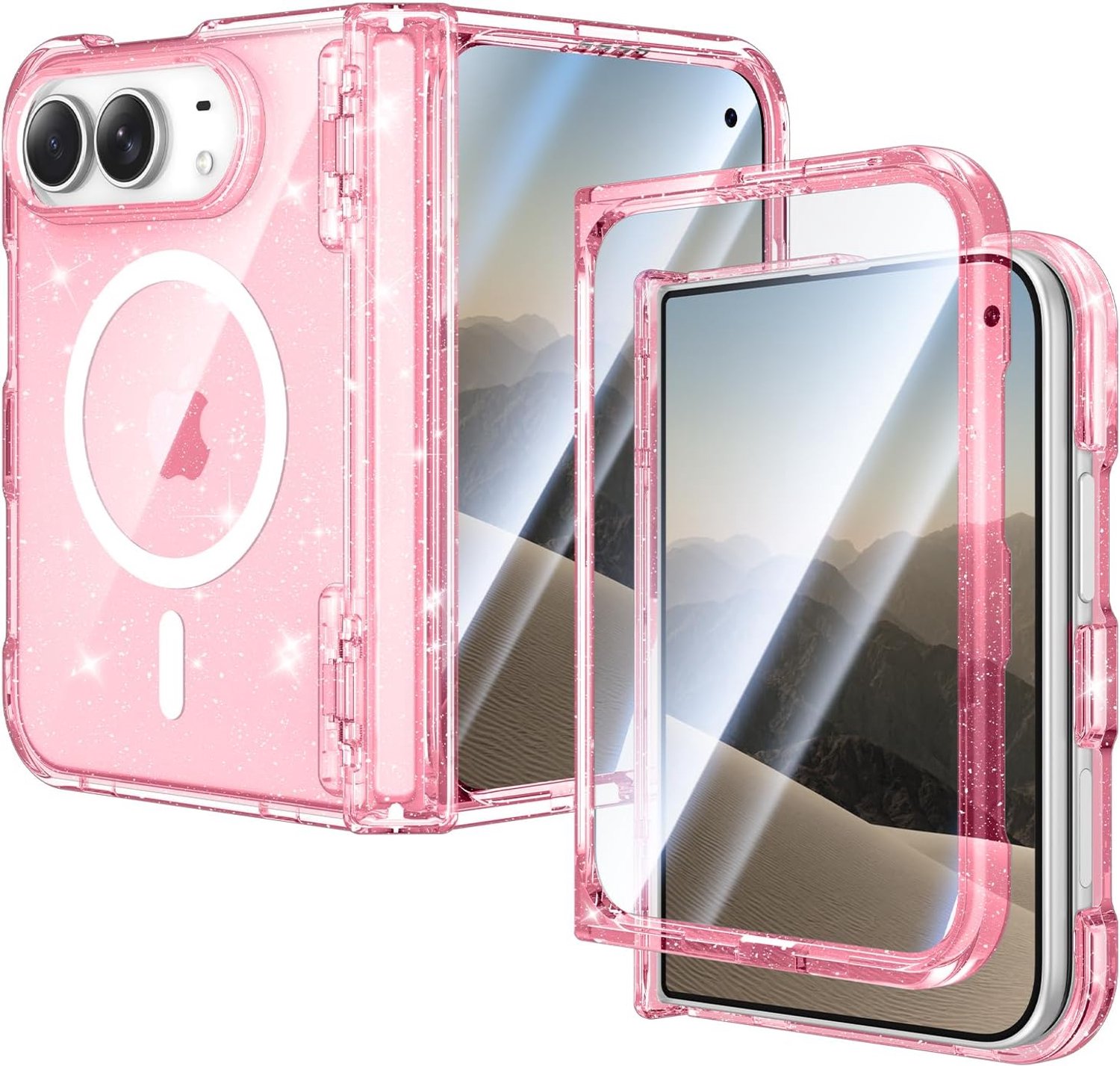 Zandarix Hoesje Geschikt voor Apple iPhone Duo - Back Cover Hoesje - Scharnierbescherming - Ingebouwde Screenprotector - Glanzend Glitter - Roze