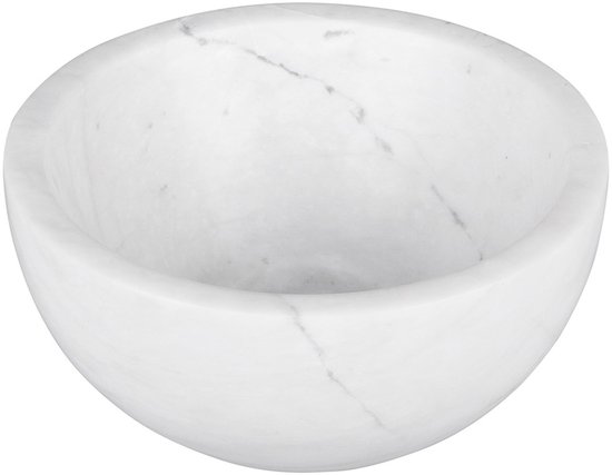 Witte ronde waskom van marmer met een subtiel grijs aderpatroon.