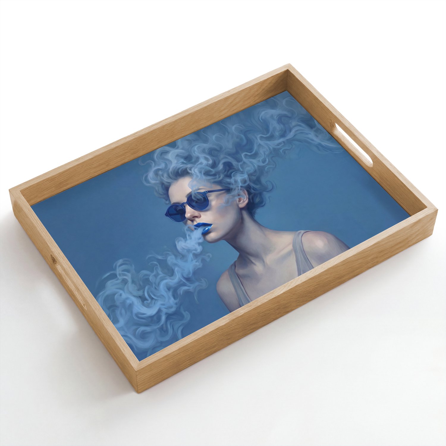 Dienblad hout 50x35 cm - Schootdienblad - Portret - Zonnebril - Rook - Abstract - Blauw - Borrelplank rechthoek - Plateau dienbladen