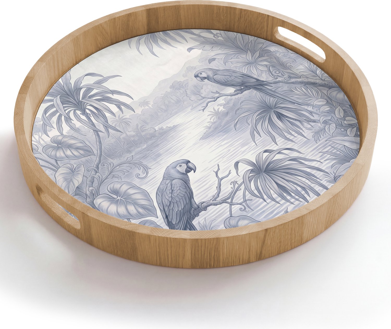 Dienblad rond 50x50 cm - Schootdienblad hout - Vogel - Rivier - Tropisch - Illustratie - Blauw - Borrelplank rechthoek - Plateau houten dienbladen