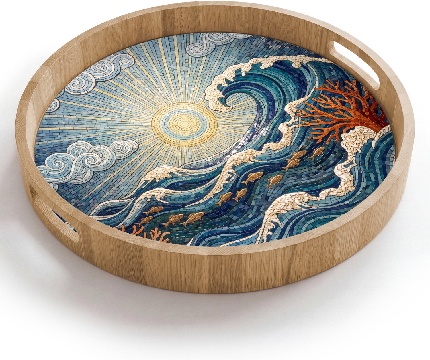Dienblad rond 40x40 cm - Schootdienblad hout - Onderwater - Koraal - Vis - Natuur - Kunst - Borrelplank rechthoek - Plateau houten dienbladen