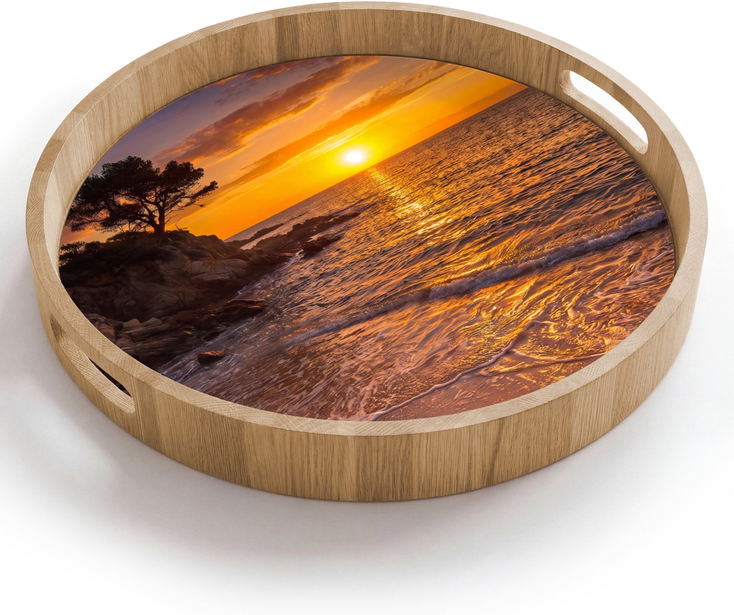 Dienblad rond 40x40 cm - Schootdienblad hout - Zee - Kust - Zonsondergang - Natuur - Oranje - Borrelplank rechthoek - Plateau houten dienbladen