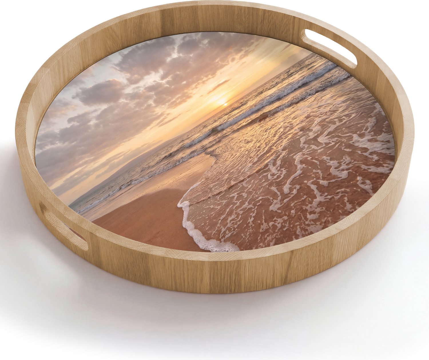 Dienblad rond 50x50 cm - Schootdienblad hout - Zee - Kustlijn - Wolken - Landschap - Oranje - Borrelplank rechthoek - Plateau houten dienbladen
