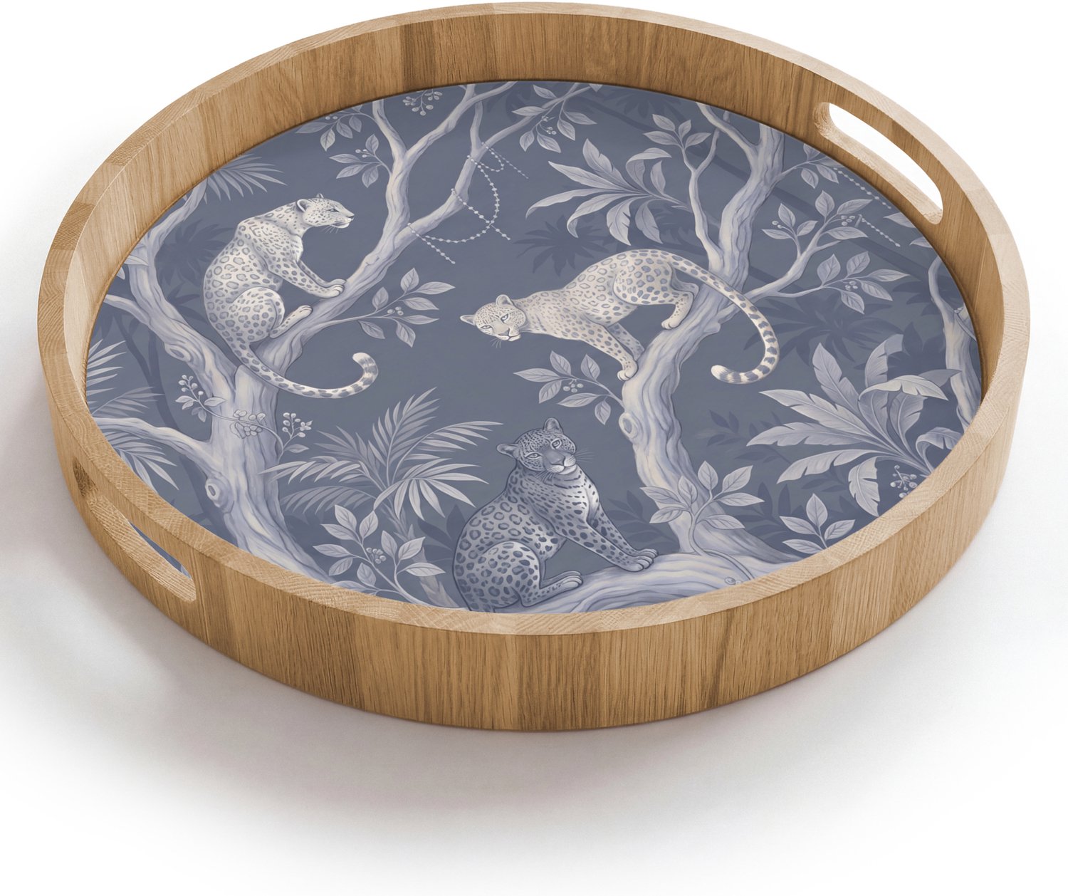 Dienblad rond 40x40 cm - Schootdienblad hout - Dieren - Jungle - Illustratie - Bomen - Blauw - Borrelplank rechthoek - Plateau houten dienbladen