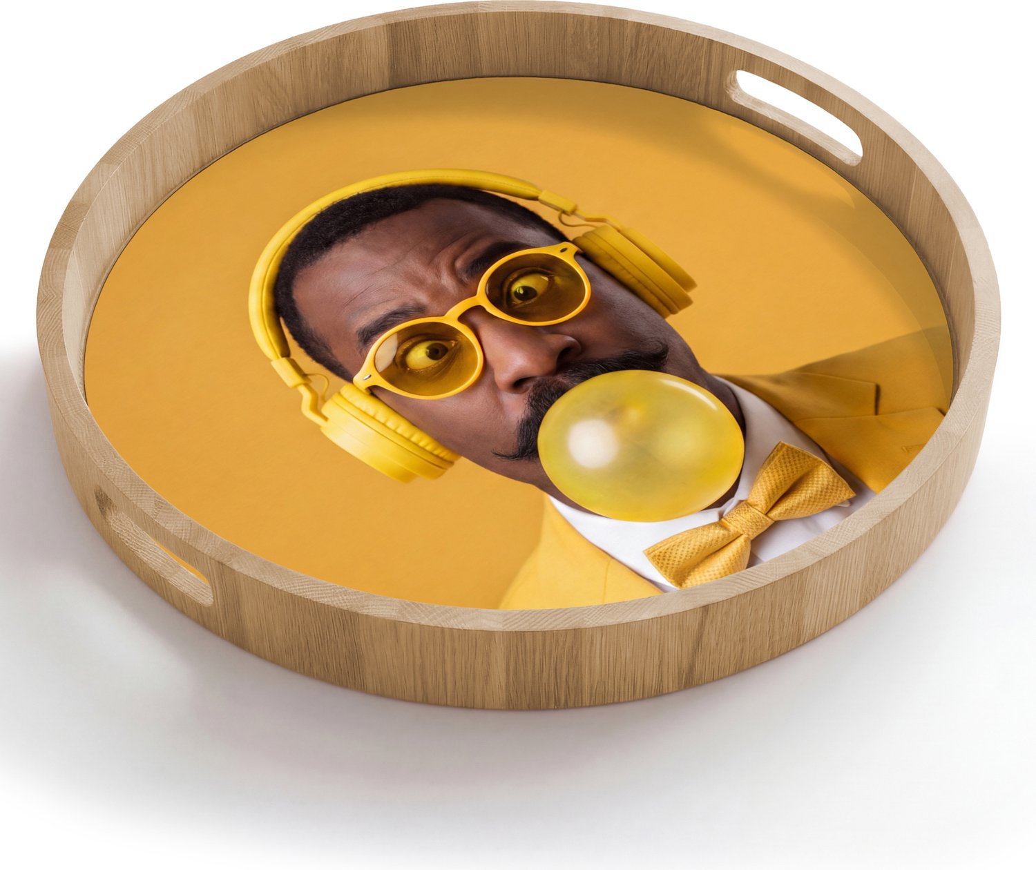 Dienblad rond 50x50 cm - Schootdienblad hout - Man - Bubblegum - Portret - Geel - Modern - Borrelplank rechthoek - Plateau houten dienbladen