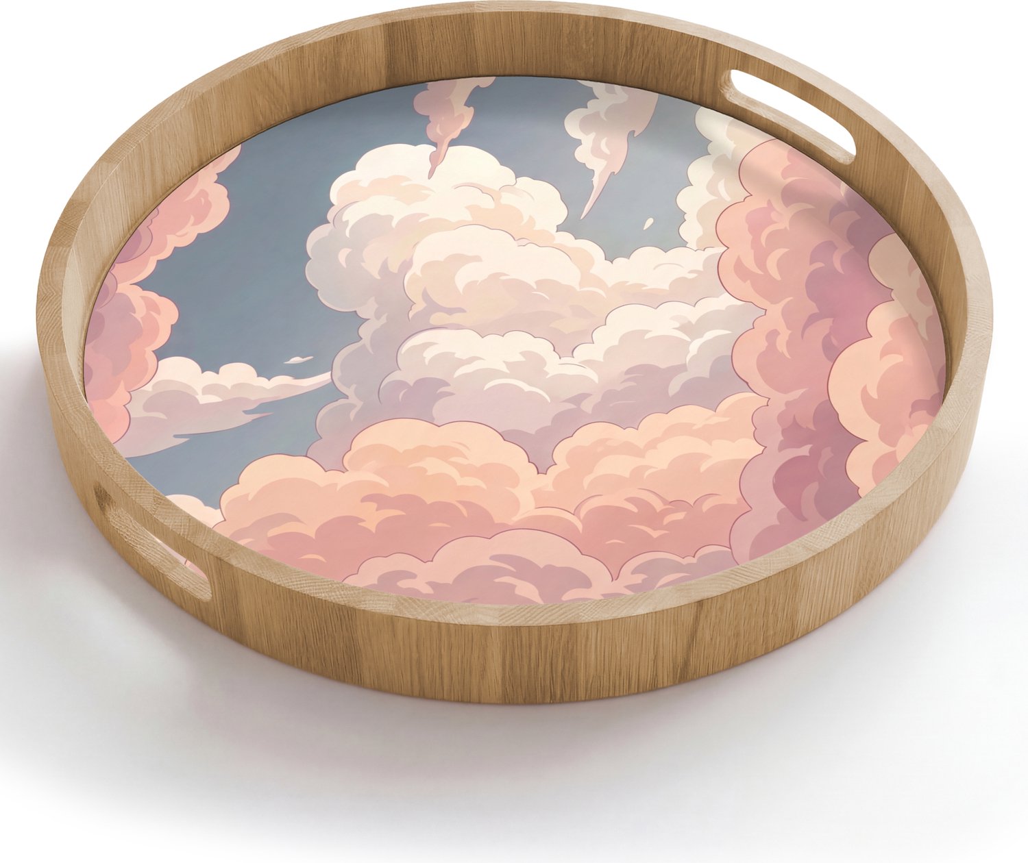Dienblad rond 50x50 cm - Schootdienblad hout - Wolken - Lucht - Natuur - Pastel - Roze - Borrelplank rechthoek - Plateau houten dienbladen