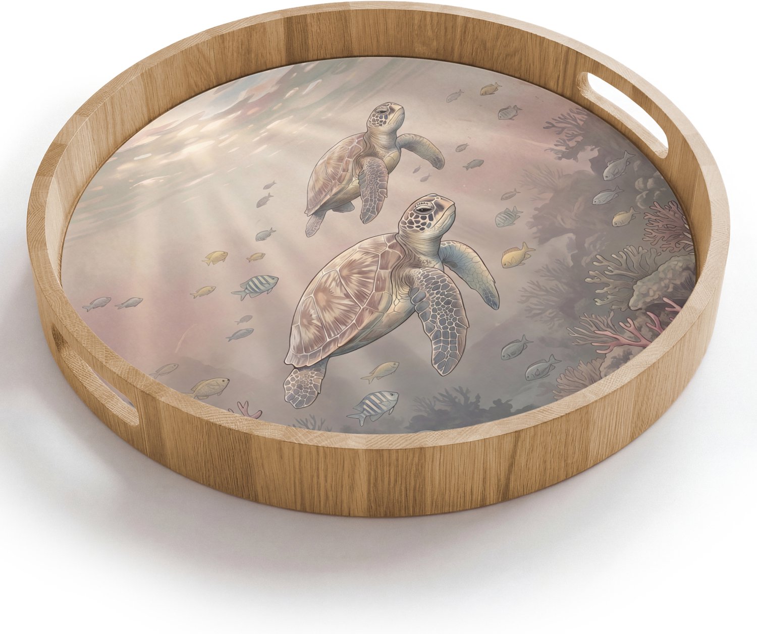 Dienblad rond 40x40 cm - Schootdienblad hout - Dier - Onderwater - Oceaan - Illustratie - Zeeleven - Borrelplank rechthoek - Plateau houten dienbladen