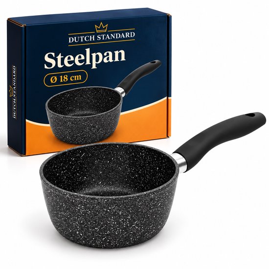 Steelpan van Dutch Standard, 18 cm, zwart met wit gespikkeld design en zwarte softgrip handgreep, in verpakking.