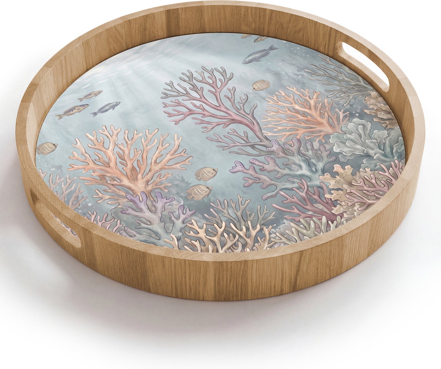 Dienblad rond 40x40 cm - Schootdienblad hout - Vis - Koraal - Oceaan - Illustratie - Onderwater - Borrelplank rechthoek - Plateau houten dienbladen