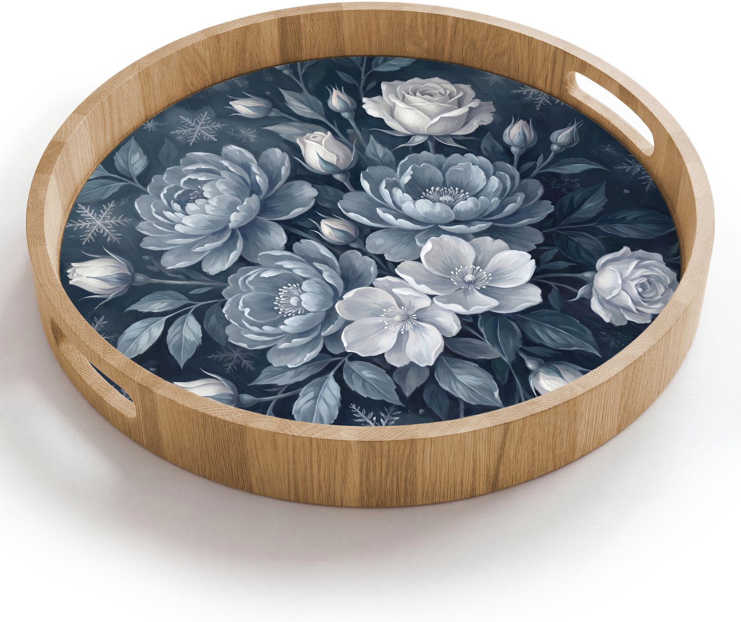 Dienblad rond 40x40 cm - Schootdienblad hout - Bloemen - Boeket - Winter - Abstract - Blauw - Borrelplank rechthoek - Plateau houten dienbladen