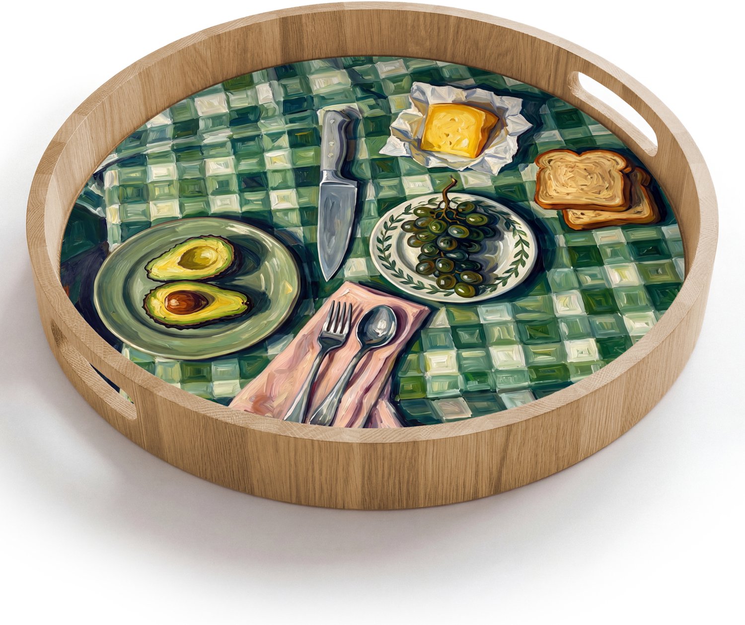 Dienblad rond 40x40 cm - Schootdienblad hout - Eten - Ontbijt - Tafel - Modern - Groen - Borrelplank rechthoek - Plateau houten dienbladen