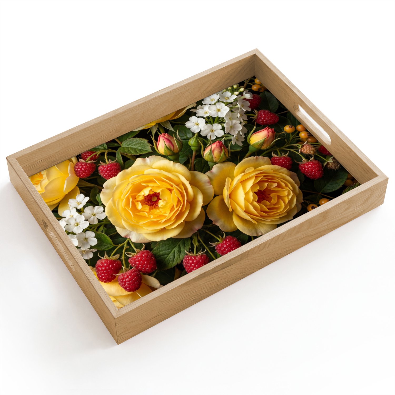 Dienblad hout 40x30 cm - Schootdienblad - Bloemen - Boeket - Natuur - Klassiek - Geel - Borrelplank rechthoek - Plateau dienbladen
