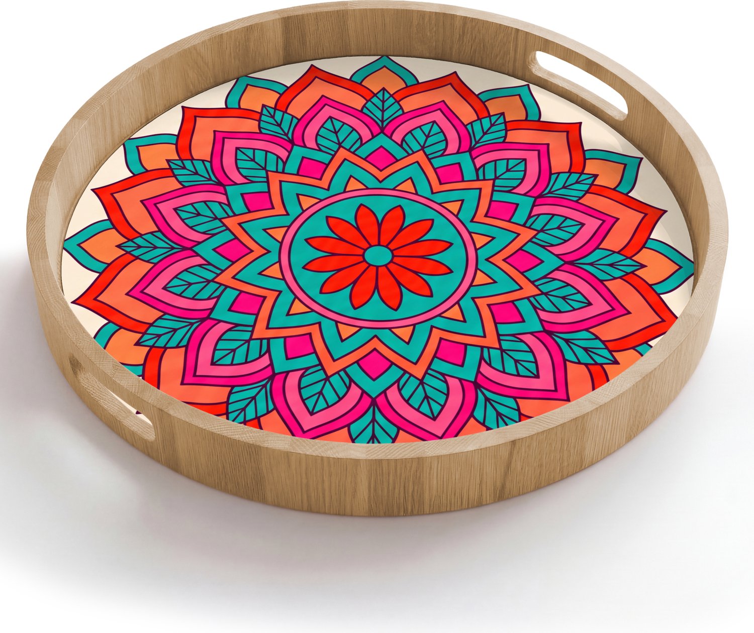Dienblad rond 50x50 cm - Schootdienblad hout - Mandala - Patroon - Abstract - Kleurrijk - Modern - Borrelplank rechthoek - Plateau houten dienbladen