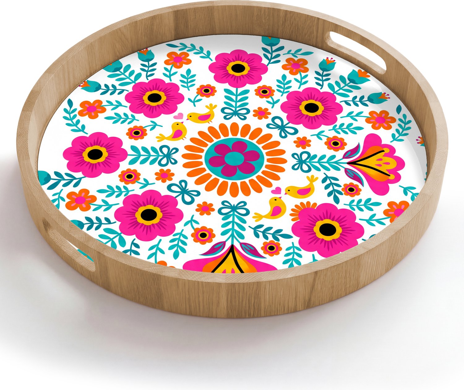 Dienblad rond 50x50 cm - Schootdienblad hout - Bloemen - Vogel - Patroon - Kleurrijk - Modern - Borrelplank rechthoek - Plateau houten dienbladen