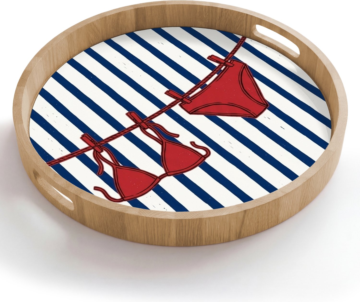 Dienblad rond 50x50 cm - Schootdienblad hout - Badkleding - Waslijn - Zomer - Illustratie - Rood - Borrelplank rechthoek - Plateau houten dienbladen