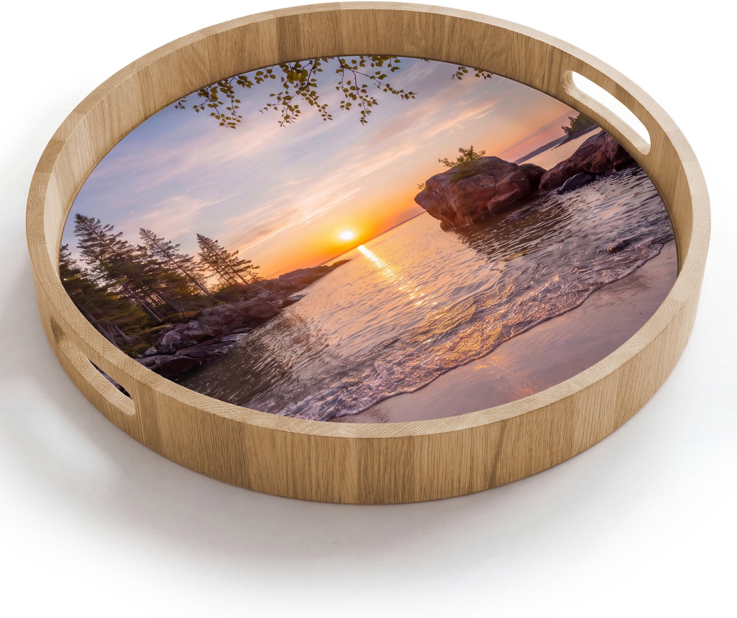 Dienblad rond 40x40 cm - Schootdienblad hout - Zonsondergang - Kust - Water - Natuur - Oranje - Borrelplank rechthoek - Plateau houten dienbladen