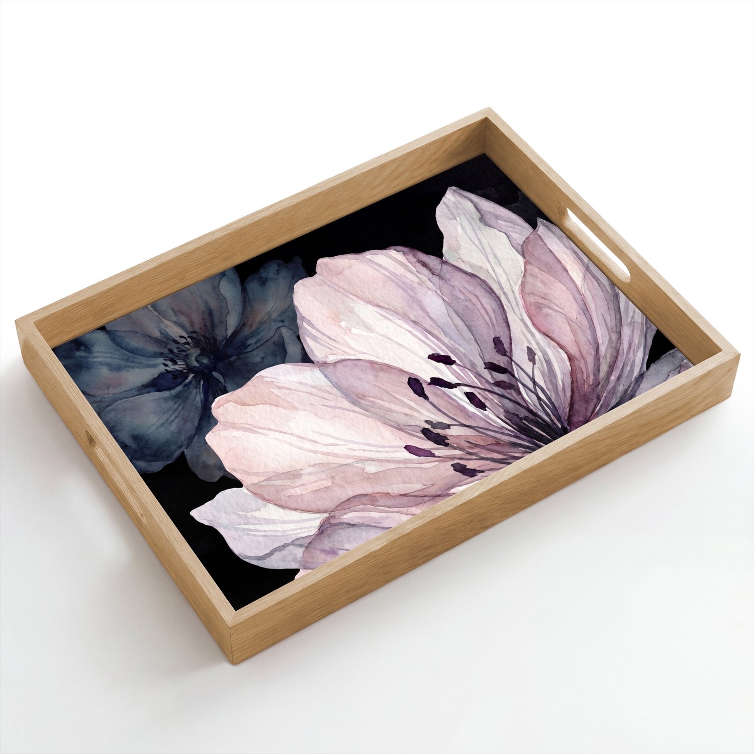 Dienblad hout 50x35 cm - Schootdienblad - Bloemen - Aquarel - Modern - Roze - Donker - Borrelplank rechthoek - Plateau dienbladen