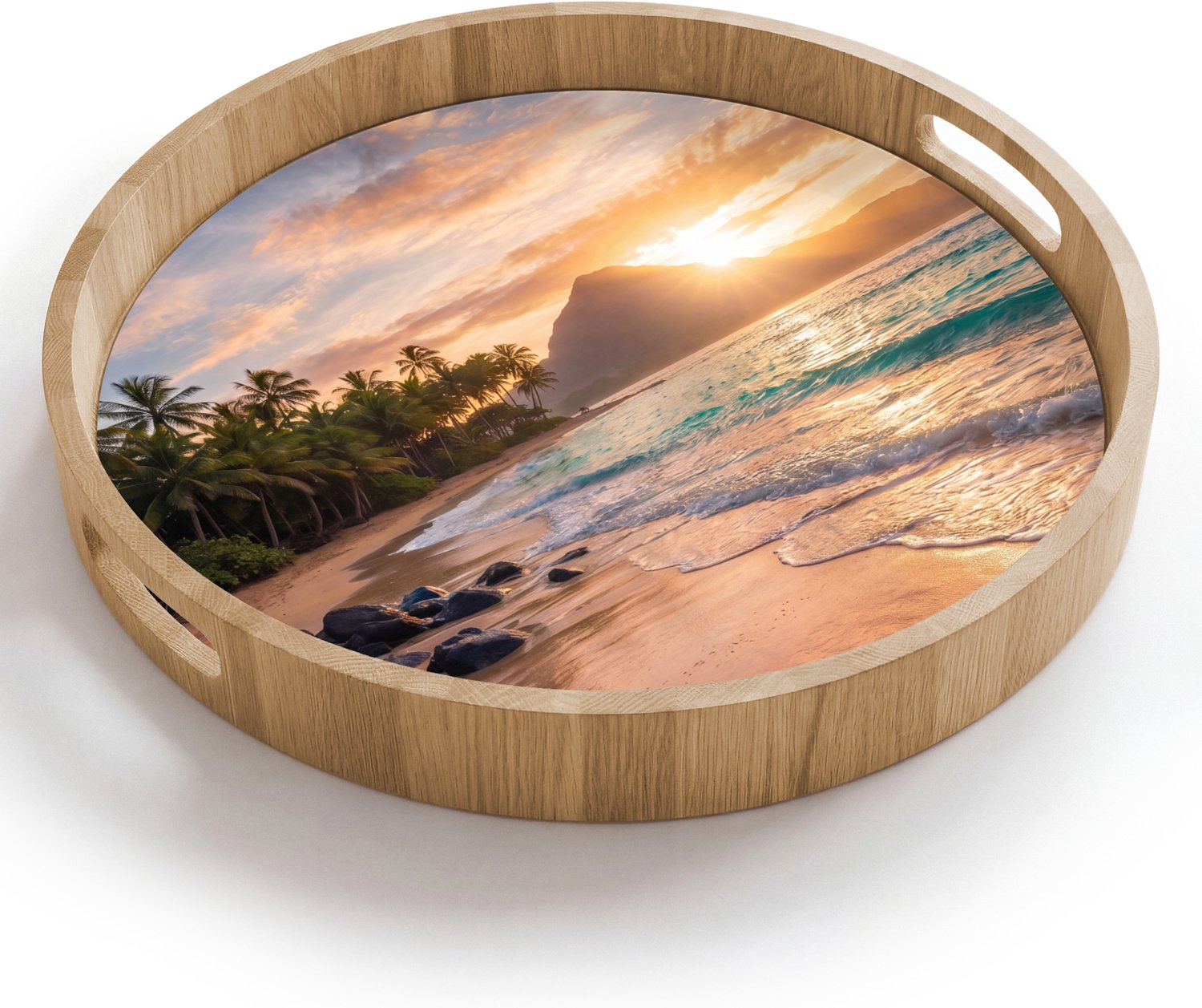 Dienblad rond 40x40 cm - Schootdienblad hout - Zee - Berg - Landschap - Tropisch - Goud - Borrelplank rechthoek - Plateau houten dienbladen