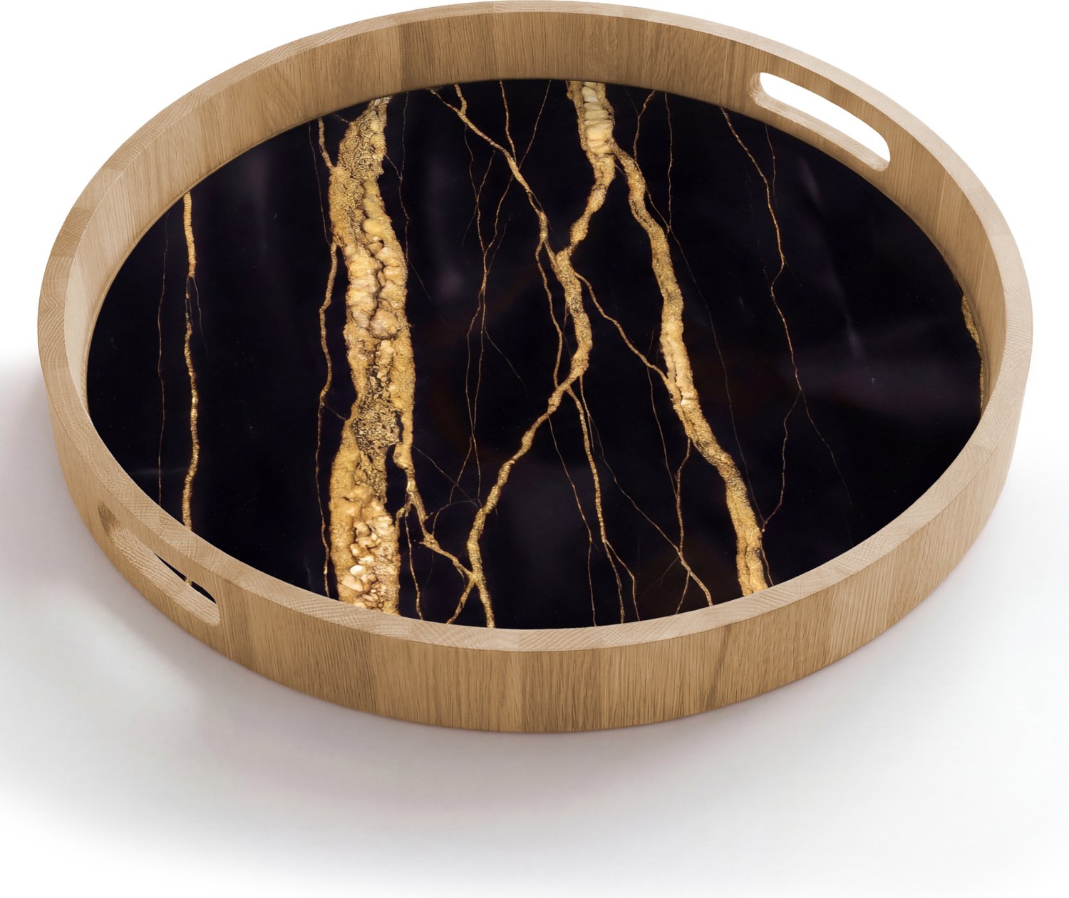 Dienblad rond 50x50 cm - Schootdienblad hout - Marmer - Goud - Textuur - Abstract - Zwart - Borrelplank rechthoek - Plateau houten dienbladen