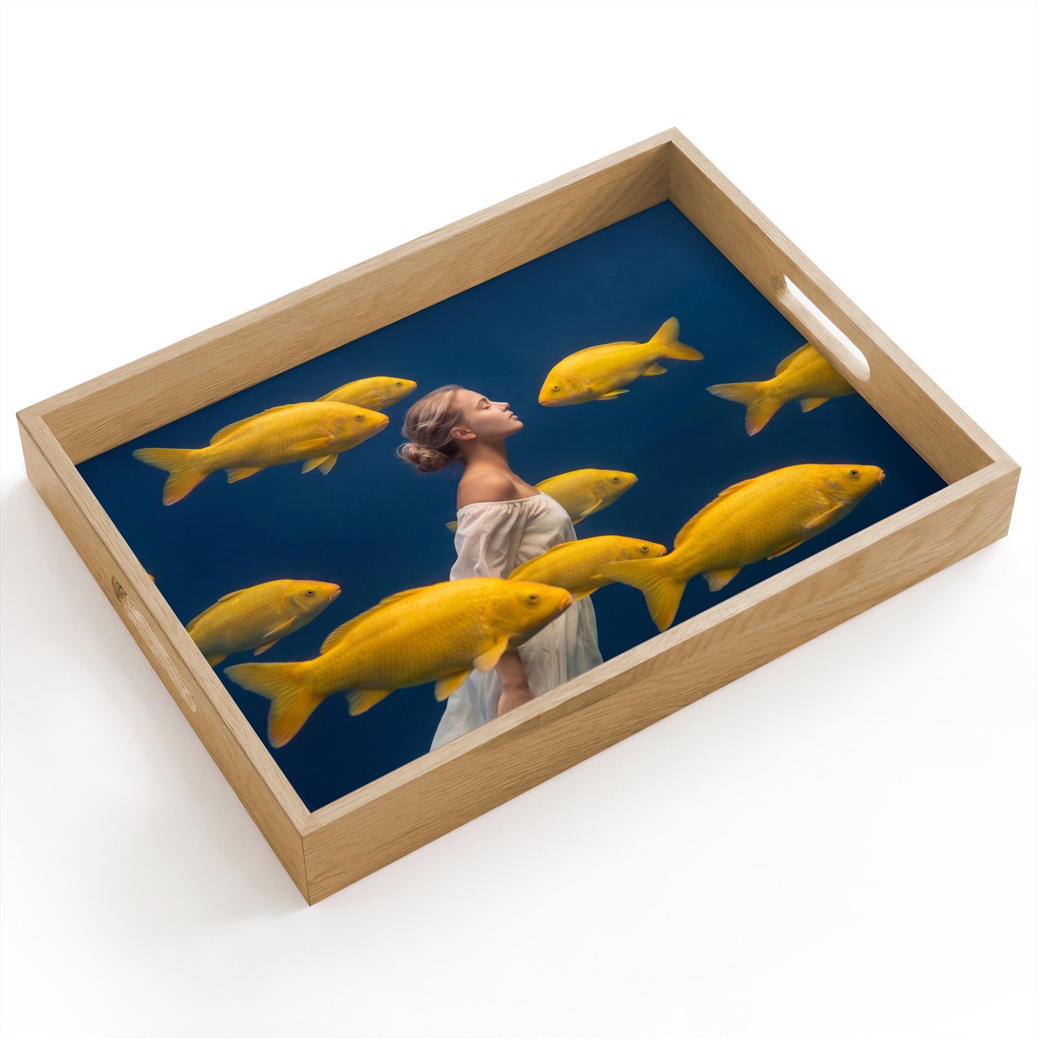 Dienblad hout 40x30 cm - Schootdienblad - Vrouw - Vis - Water - Natuur - Geel - Borrelplank rechthoek - Plateau dienbladen