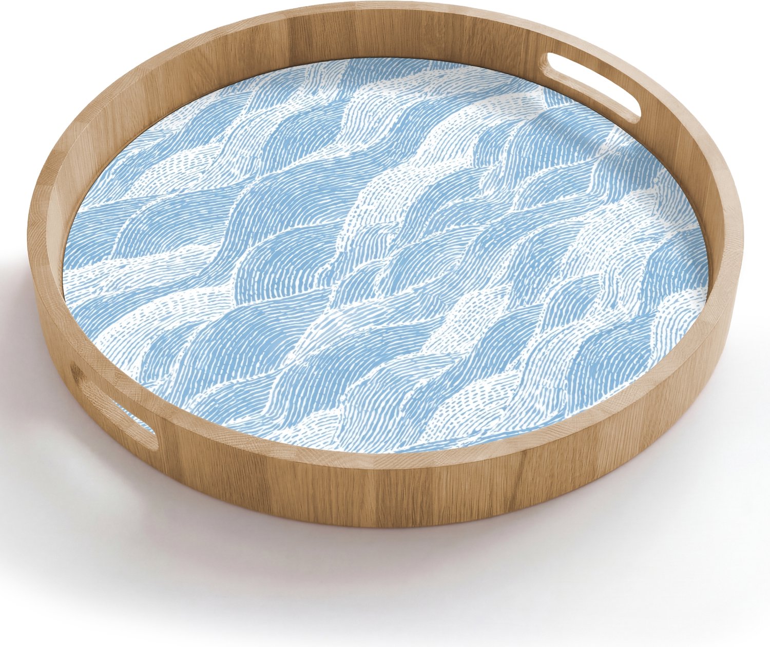 Dienblad rond 50x50 cm - Schootdienblad hout - Blauw - Wit - Golven - Getekend - Borrelplank rechthoek - Plateau houten dienbladen