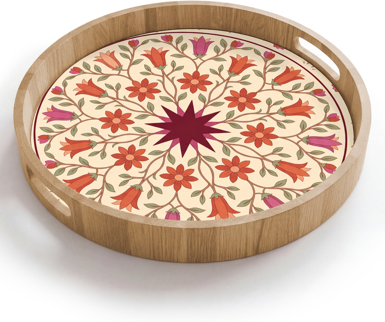 Dienblad rond 40x40 cm - Schootdienblad hout - Bloemen - Mandala - Decoratief - Rood - Borrelplank rechthoek - Plateau houten dienbladen