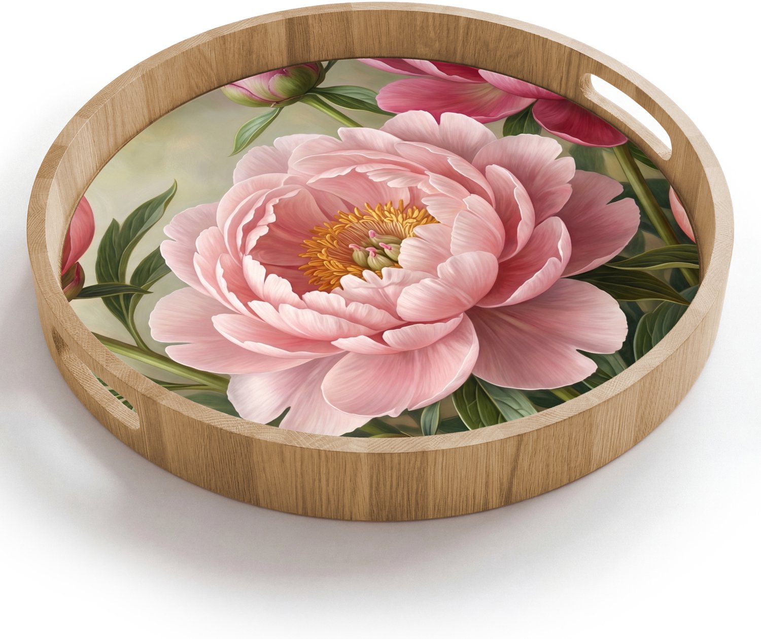 Dienblad rond 40x40 cm - Schootdienblad hout - Bloemen - Roze - Klassiek - Gedetailleerd - Natuur - Borrelplank rechthoek - Plateau houten dienbladen