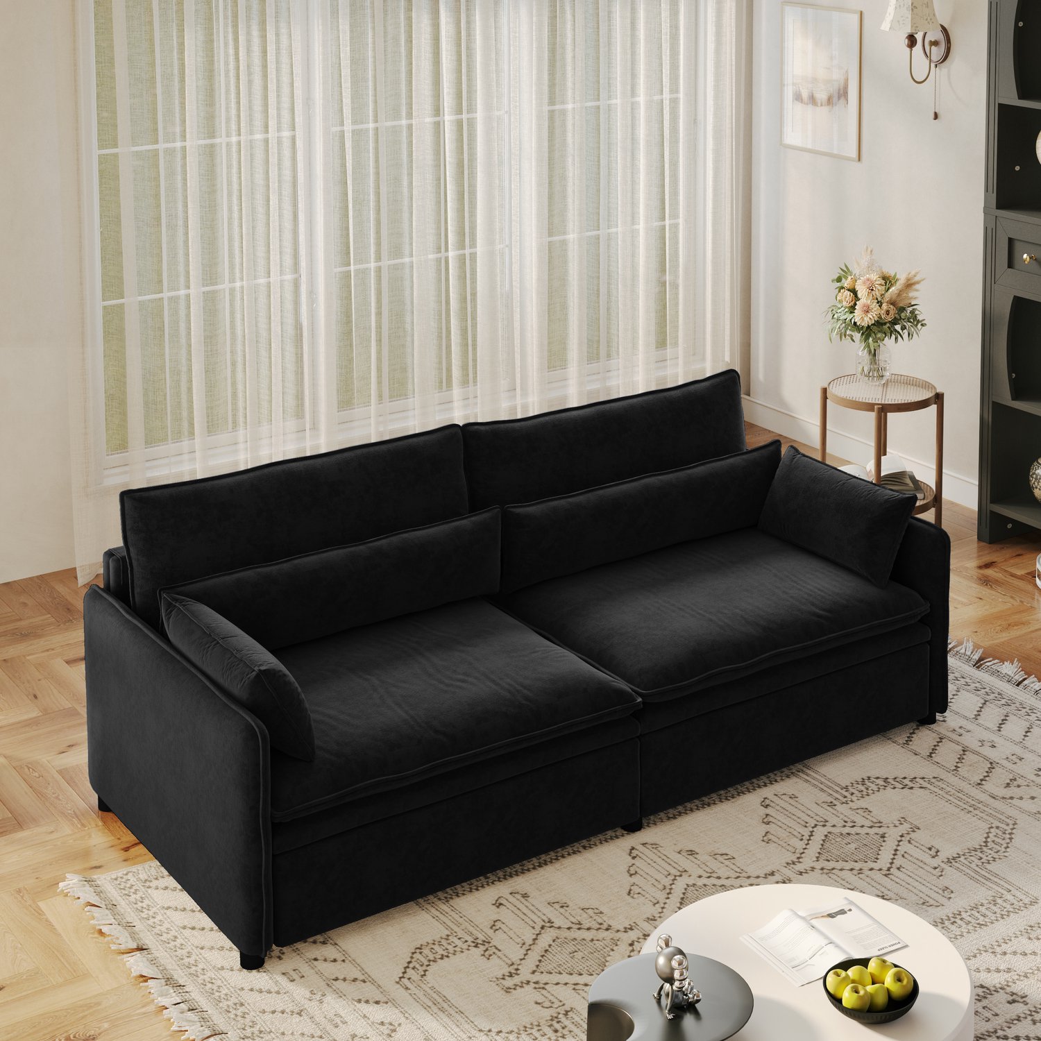 OKWISH Slaapbank 206 cm - 3-Zits Uitschuifbaar met Opbergruimte en Verstelbare Rugleuning - Voor Woonkamer en Slaapkamer - Chenille - Zwart