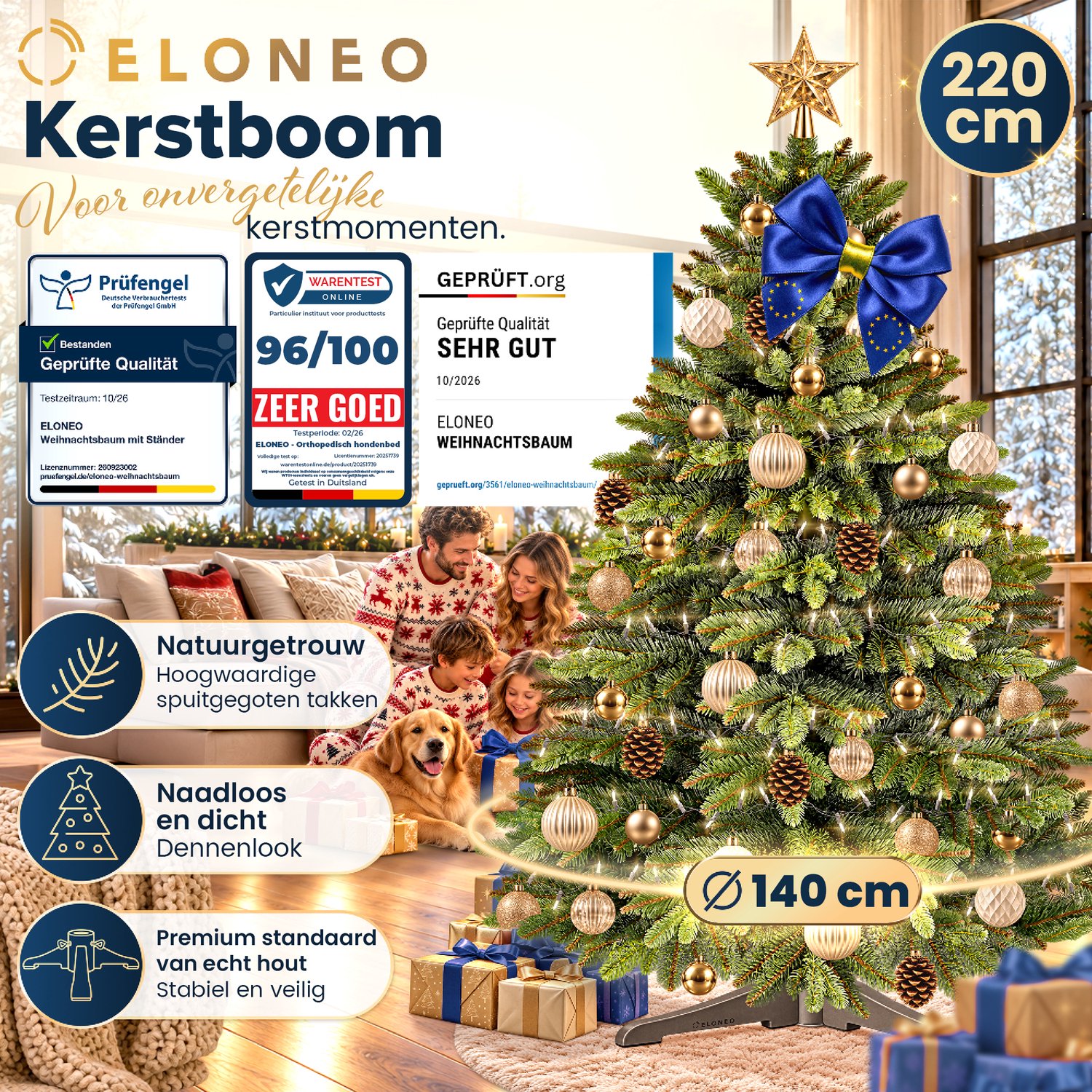 ELONEO Kunstkerstboom 220 cm – Realistische kerstboom, kunstkerstboom met houten standaard, natuurgetrouwe kerstboom – foto 3