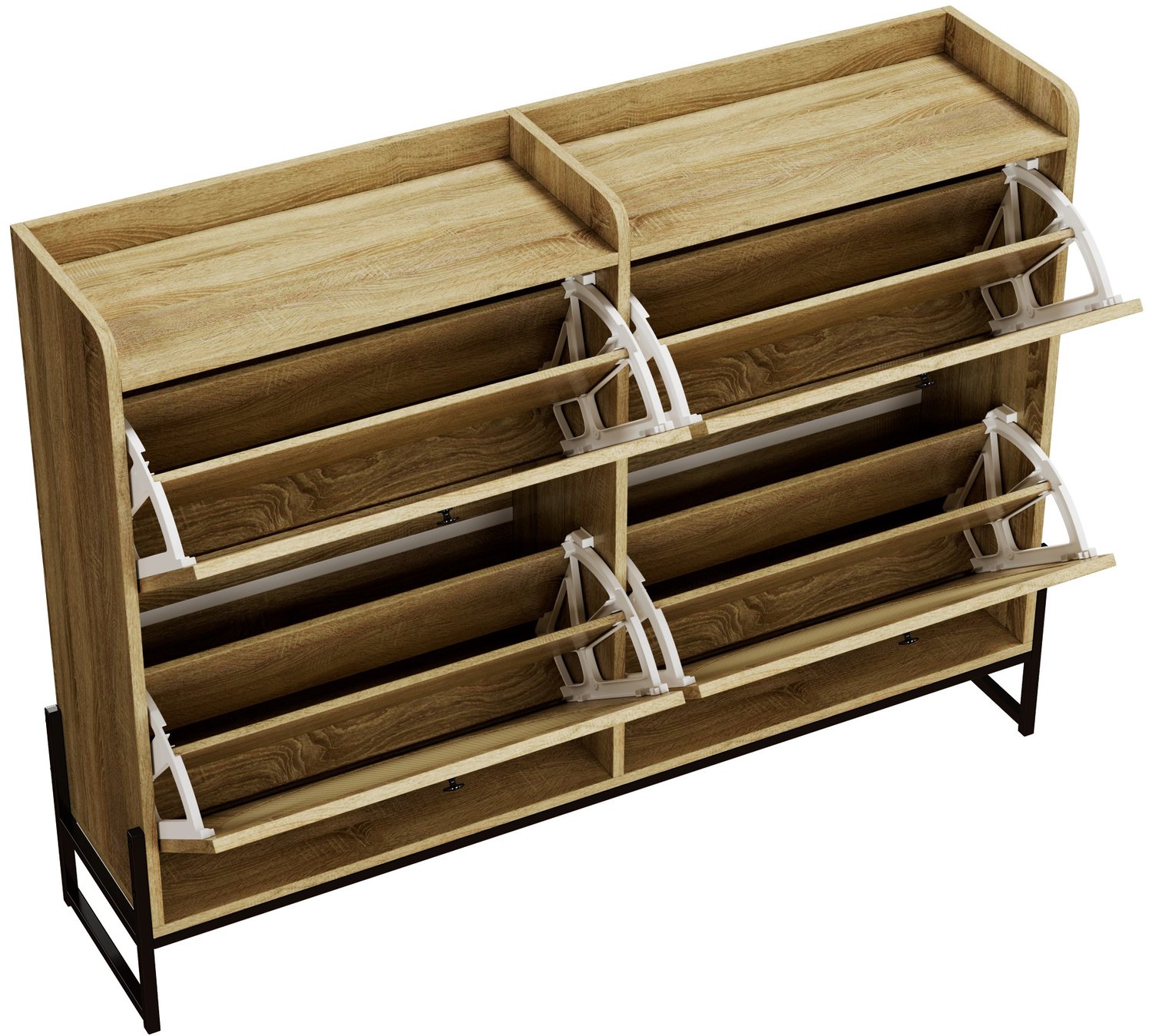 Ropilly Schoenenkast met 4 kleppen - 118 x 25 x 91,5 cm - smalle schoenenkast voor de hal - PE-rattan deuren, houtkleur en ventilatiegaten