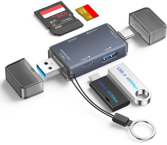 Grijze 6-in-1 USB 3.0 en USB-C kaartlezer met SD- en microSD-kaarten, USB-A en USB-C adapters.