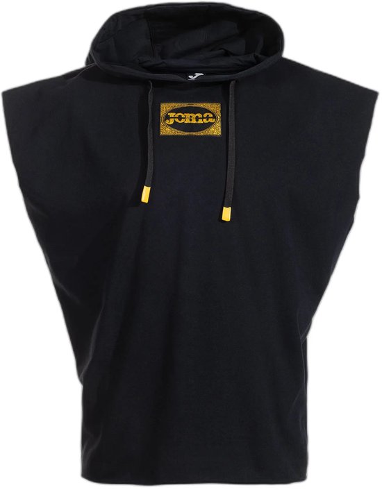 Zwarte mouwloze Joma hoodie met capuchon, geel logo en trekkoorden met gele uiteinden.