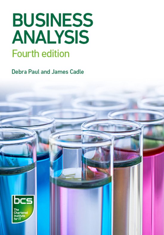 Boekomslag Business Analysis Fourth edition met een achtergrond van reageerbuizen met gekleurde vloeistoffen.