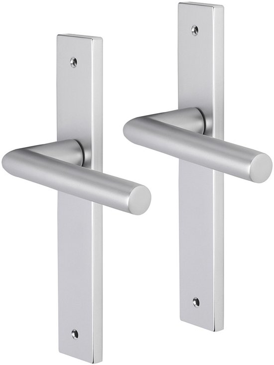 Set van twee moderne aluminium deurkrukken op een rechthoekig schild, mat zilverkleurig oppervlak.