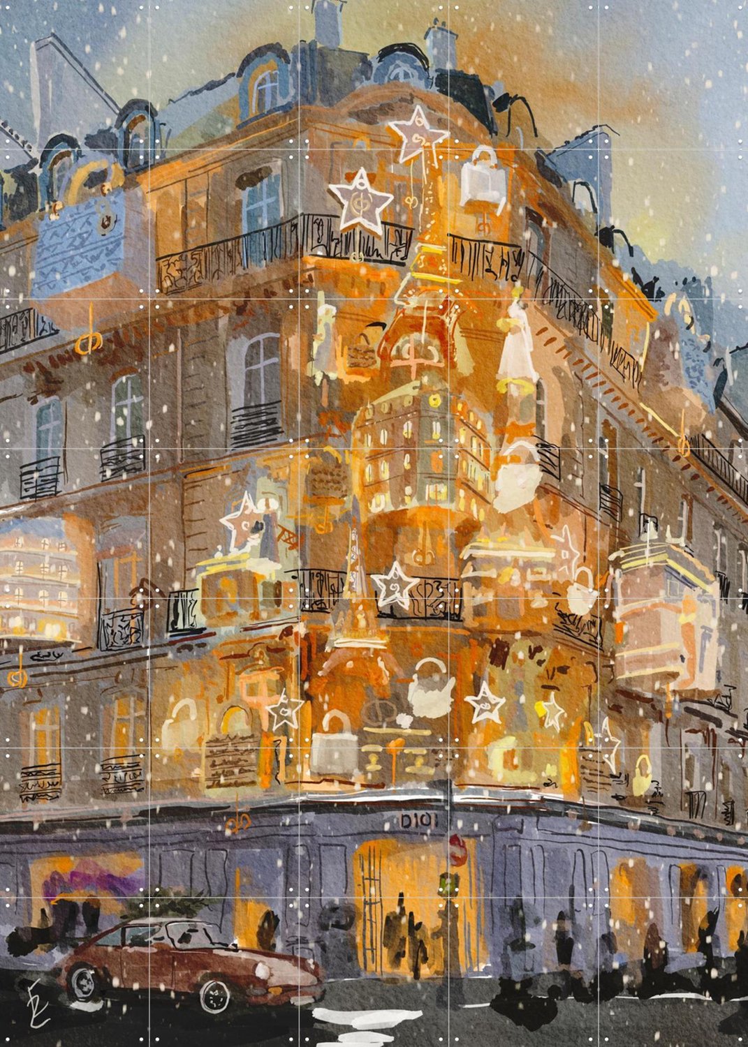 IXXI Christmas Dior, Ekaterina Zagorska - 100 x 140 cm - Grote wanddecoratie en posters - Schilderijen, Woonkamer, Gang, Sneeuw, Kerst, Gebouwen Geel