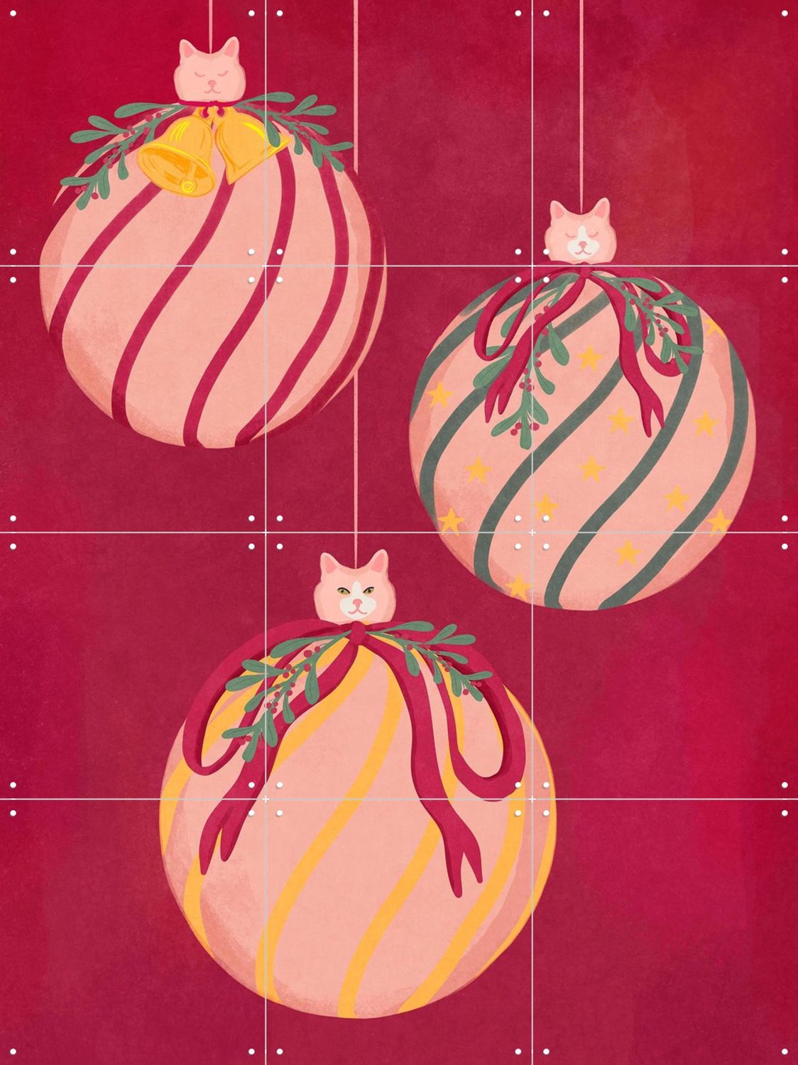 IXXI Catmas Ornaments, Raissa Oltmanns - 60 x 80 cm - Grote wanddecoratie en posters - Kleurrijk, Speels, Woonkamer, Winter, Kat, Kerst Rood