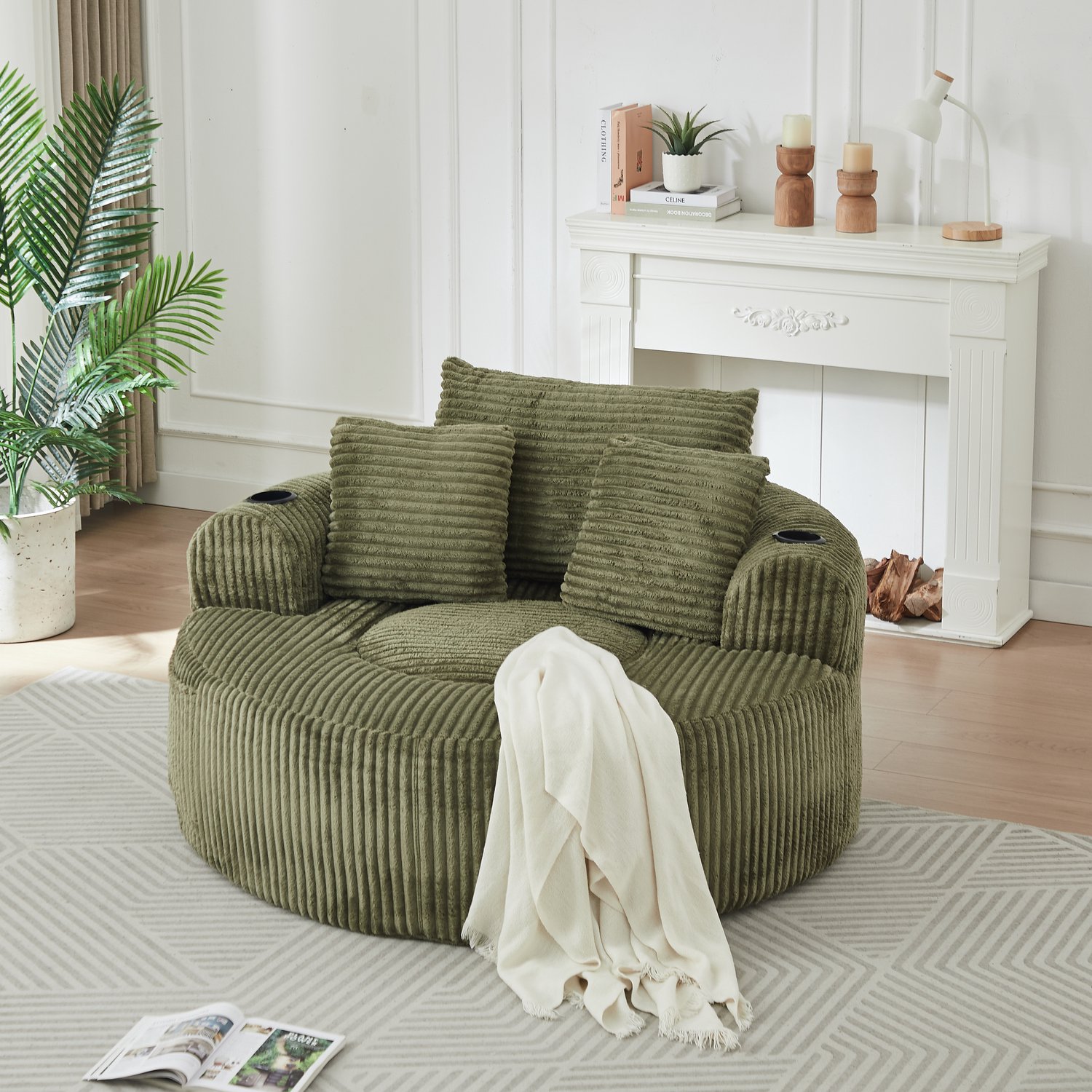 OKWISH Zitzak 142 x 142 x 85 cm - Ronde Loungestoel met 3 Kussens en 2 Bekerhouders - Voor Woonkamer en Slaapkamer - Ribstof - Groen