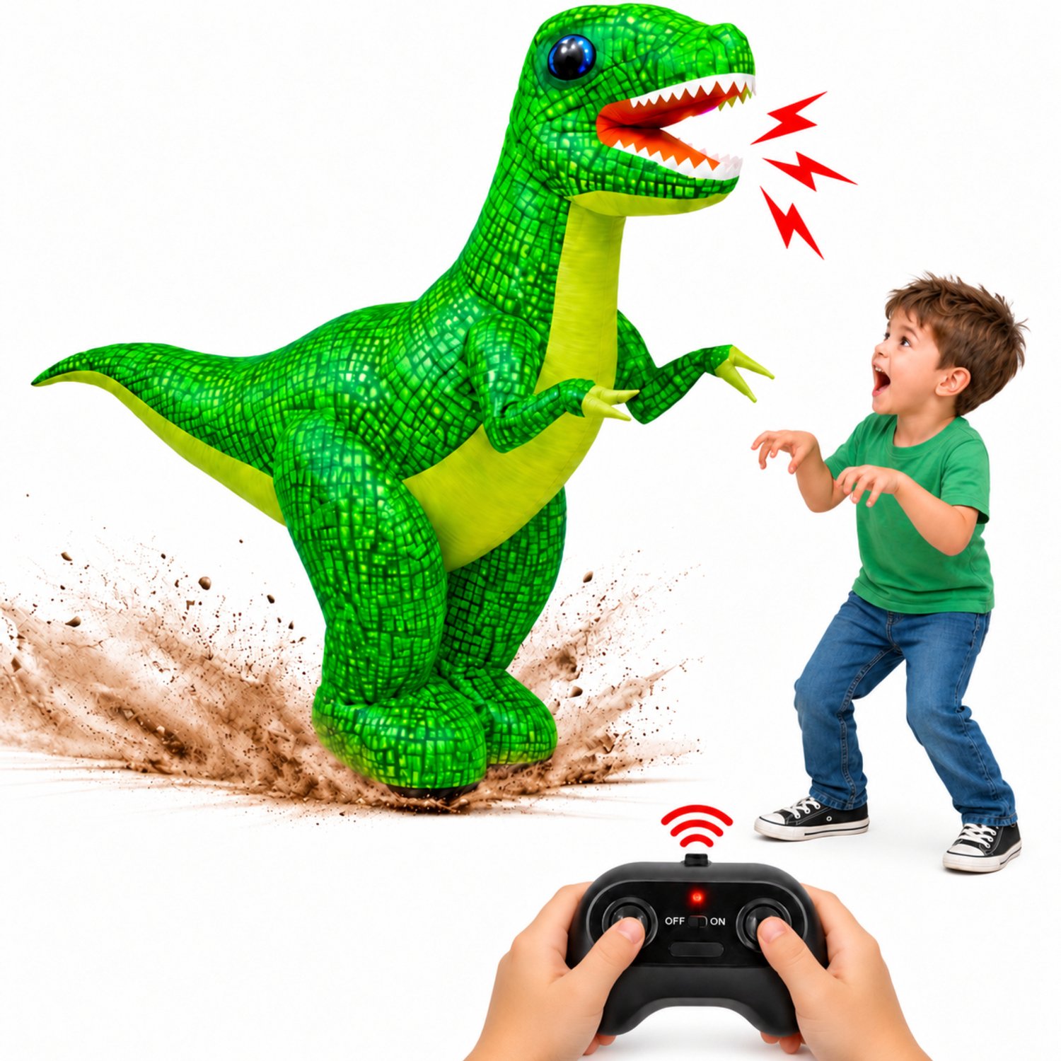 Silvergear® Opblaasbare RC Dinosaurus voor Kinderen - Bestuurbare Dino met Afstandsbediening - 90 cm Hoog - Zelfopblazend in 20 sec - Vooruit, Achteruit & 360° Draaien - Oplaadbaar - Dinosaurus Speelgoed T Rex - Groen - Cadeau voor 4,5,6,7,8+ Jaar
