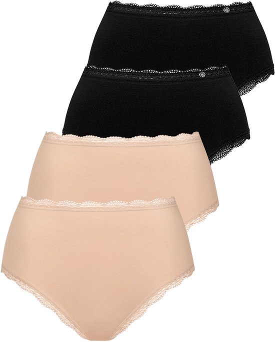 Set van vier taille slips in zwart en beige met kanten boordjes.