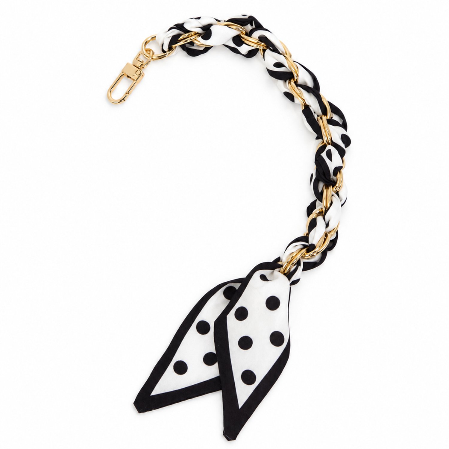 Telefoonkoord 32 cm met gevlochten stof en goudkleurige ketting, zwart-witte stippen en metalen sluiting